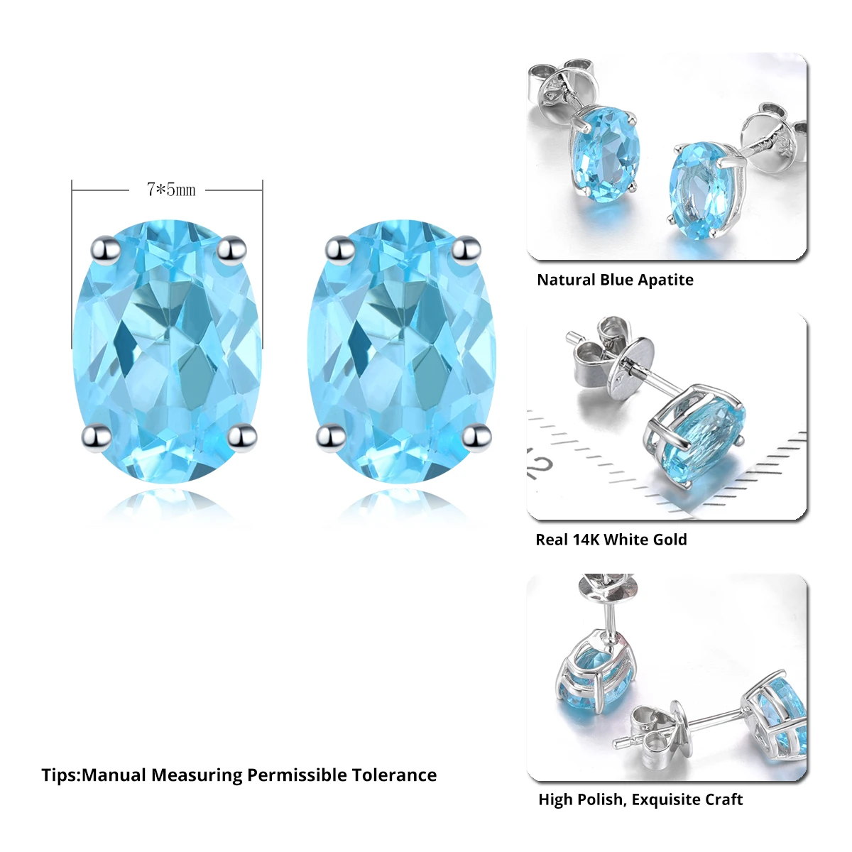 Natural Apatite Real 14K White Gold Stud Earring Women Classic Style 1.6 Carats Blue Apatite Gemstone Customized Fine Jewelrys