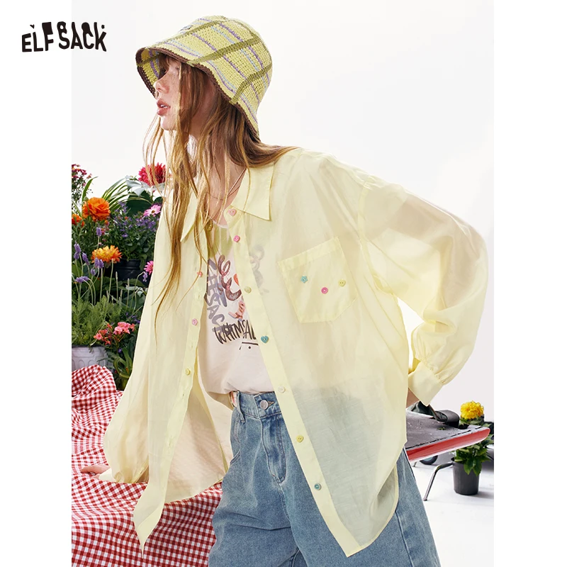 

Женская шифоновая рубашка ELFSACK Sweet Oversized, блузка с разноцветными пуговицами и декоративными элементами, повседневный универсальный топ с длинными рукавами