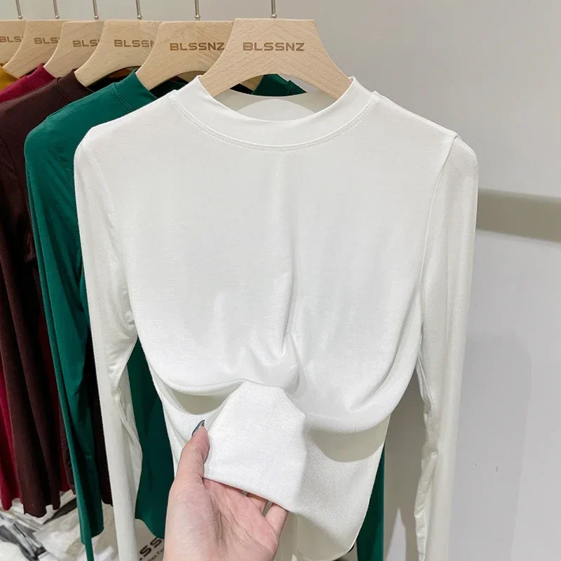 Solid Multi All-Match Trend Casual Top Women Spring Autumn Office Lady Basic O-Neck Slim T-Shirt Thread Long Sleeve Elastic Tees