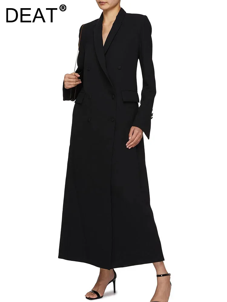 

DEAT Elegant Overcoat Lapel Split Long Sleeves Double Breasted Overknee Slim Solid Color Trench Autumn 2024 New Fashion 7AB3443