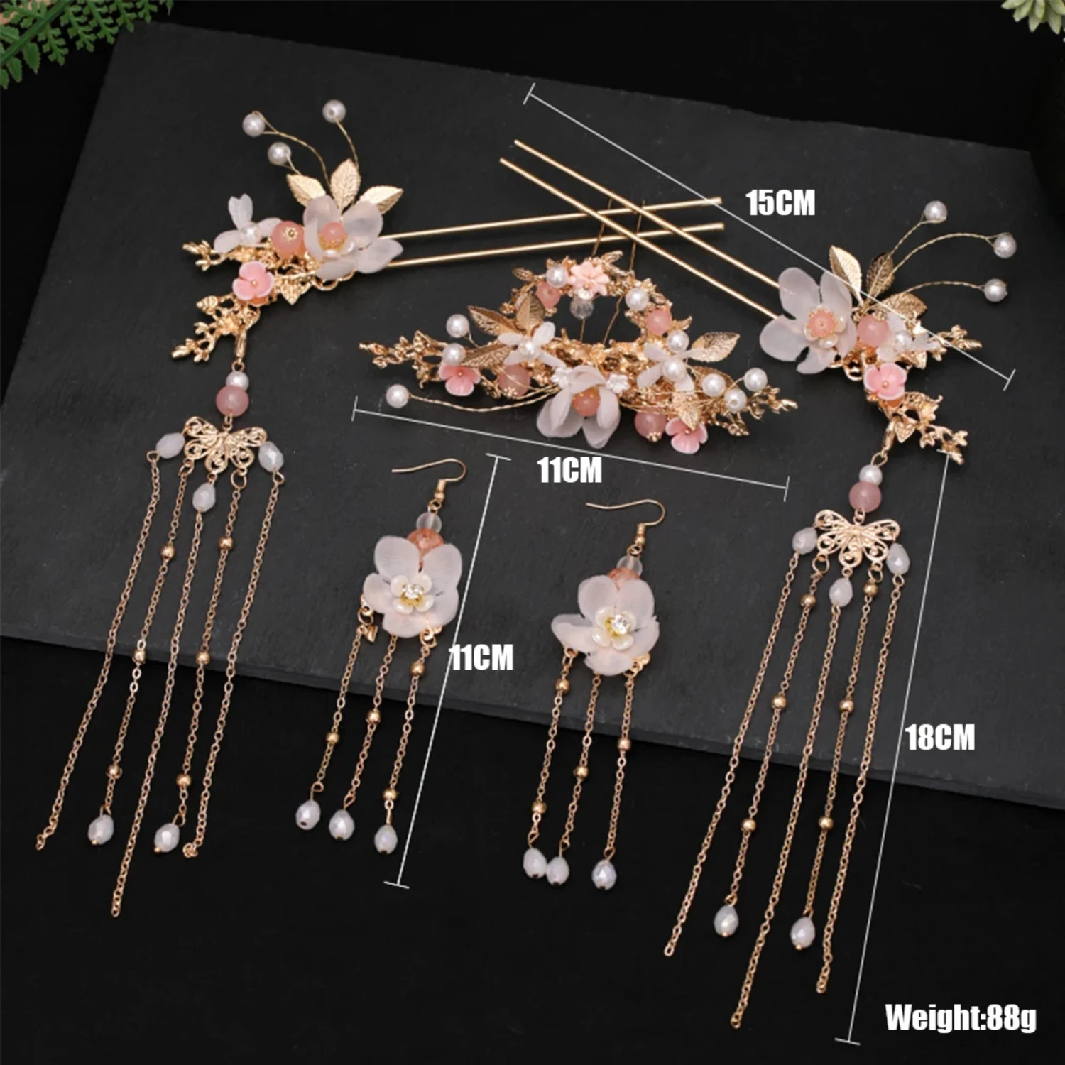 

Women Headpiece Chinese Tassel Crystal Handmade Flower Hanfu Hair Stick Hair Comb Headwear Sets Earrings