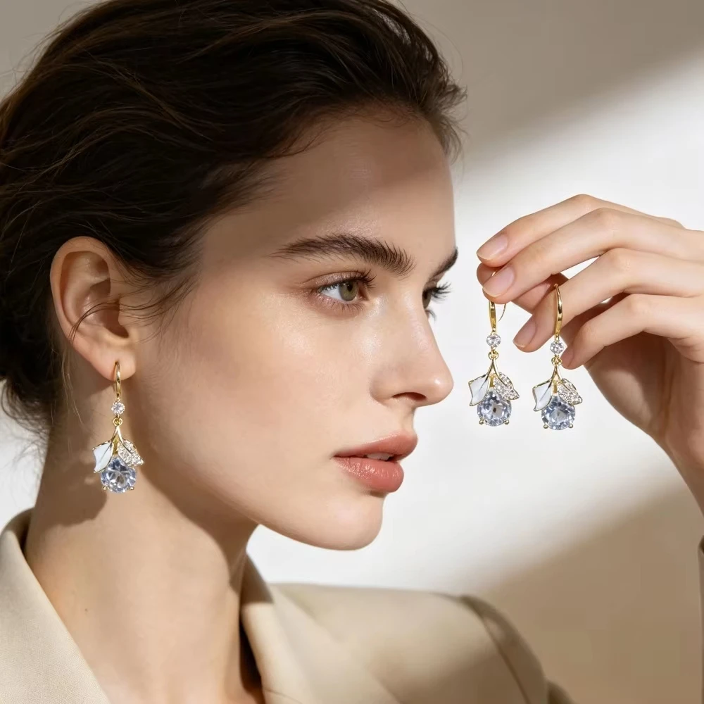 FTCY Gold Ginkgo Leaf  Earrings For Women Fashion Elegant Zircon Drop Earrings Daily Wedding Party Wear Supporting Wholesale