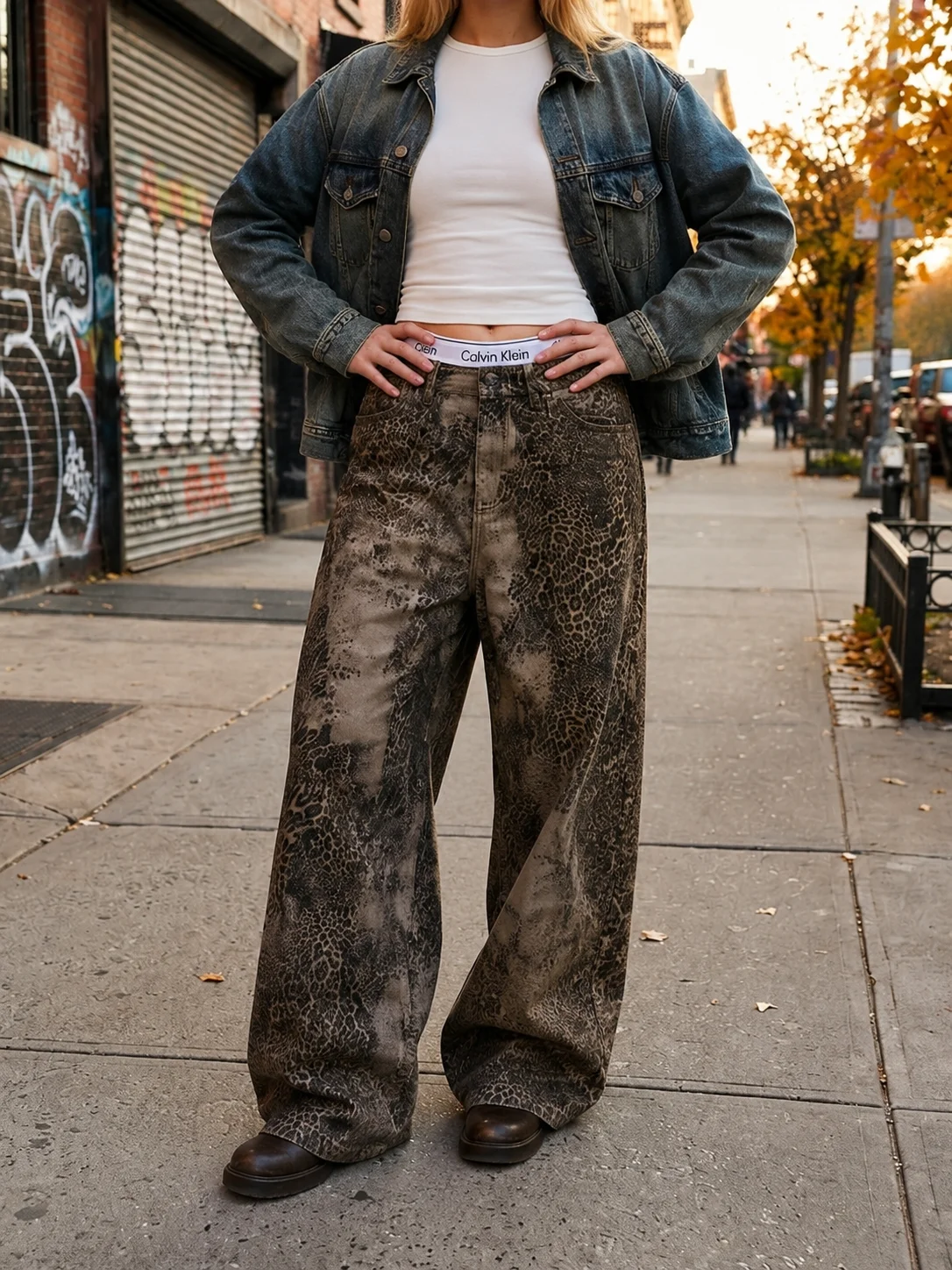 Women Y2K Vintage Leopard Print Wide Leg Jeans High Waist Baggy Distressed Denim Pants Streetwear Loose Trousers