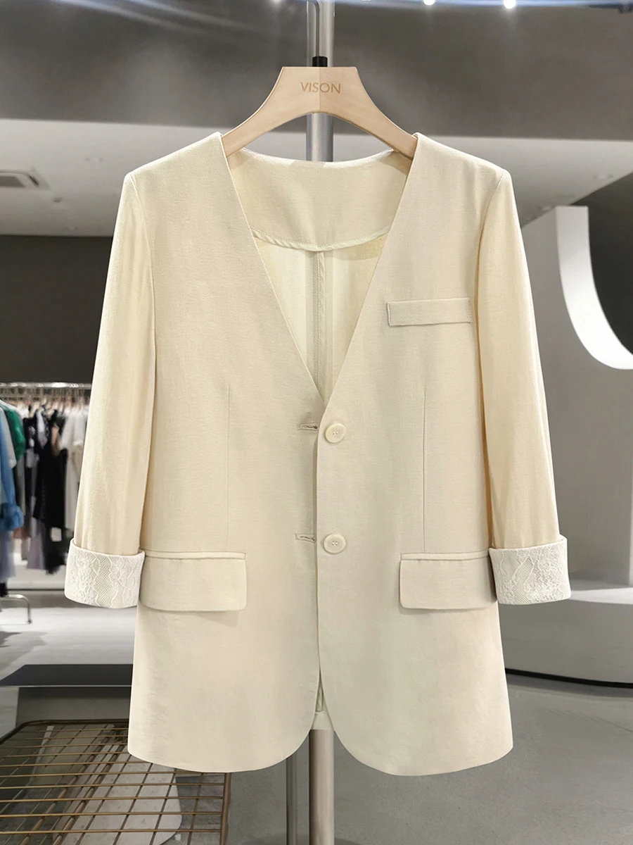 

Light Yellow Casual Thin Suit Jaet Women's 2025 New Summer Lace Splicing Design No Collar Straight Tube Sle Polyester