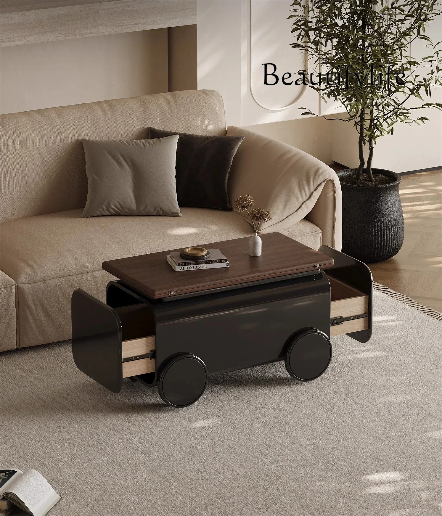 N44 Ea Italian minimalist movable coffee table trolley folding dining table rectangular light luxury living room household solid