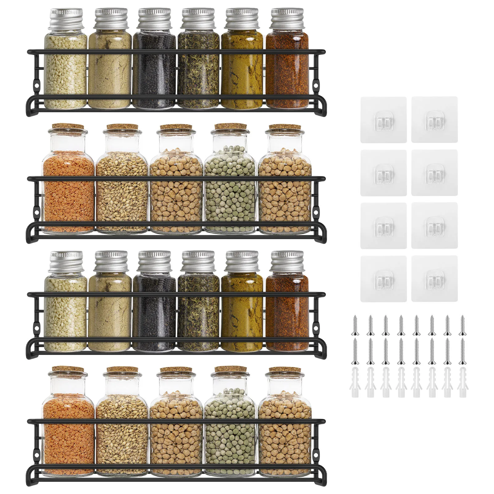 

4Pcs Wall Spice Rack Stainless Steel Rust Resistant Screw or Adhesive Hanging Seasoning Shelf Organizer for Kitchen Cabinet