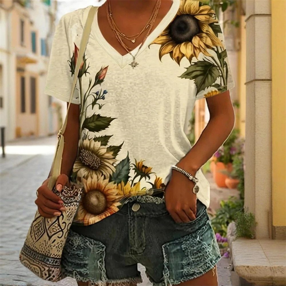 

Women's V-Neck T-Shirt Sunflower Floral 3D Printed Patterns Daily Fashion Tops Short Sleeveplus Size Loose Women's Clothing