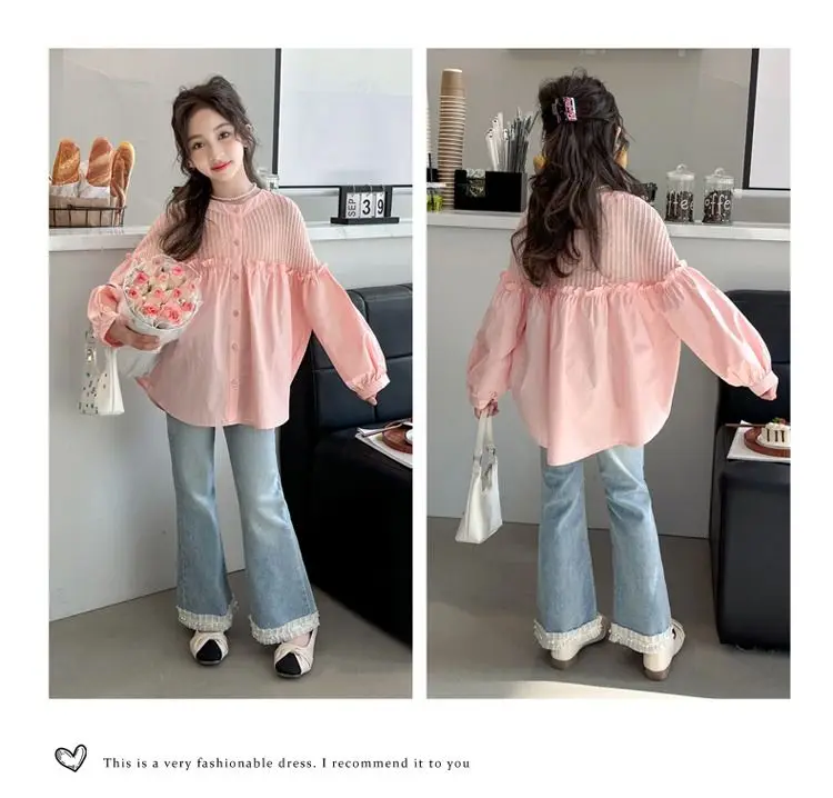 6-15Years Kids Pink Long Sleeve Blouses for Girls Cute O Neck Shirts Teenager Girls Full Clothing Tops Children Blouse 7 8 9 10