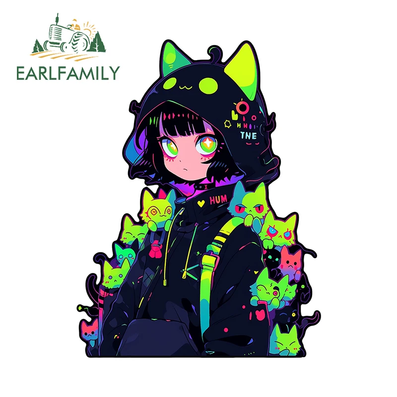 EARLFAMILY 13cm x 10cm Cute Neon Girl Car Sticker Kawaii Cats Peek Windows Luggage Decals Scratch-Proof Funny Trunk Bumper Decor