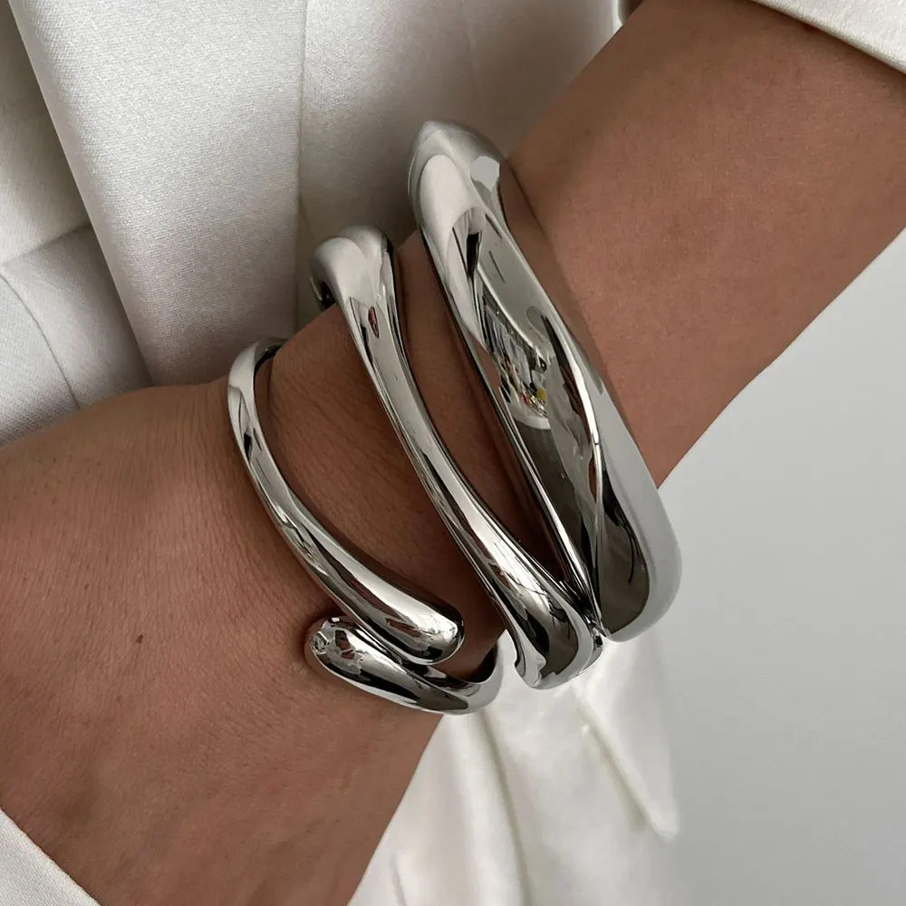 Vintage Wide Cuff Bangles Hip Hop Punk Gold Silver Color Geometric Metal Spring Bangles For Women Bracelets Men Jewelry Gifts