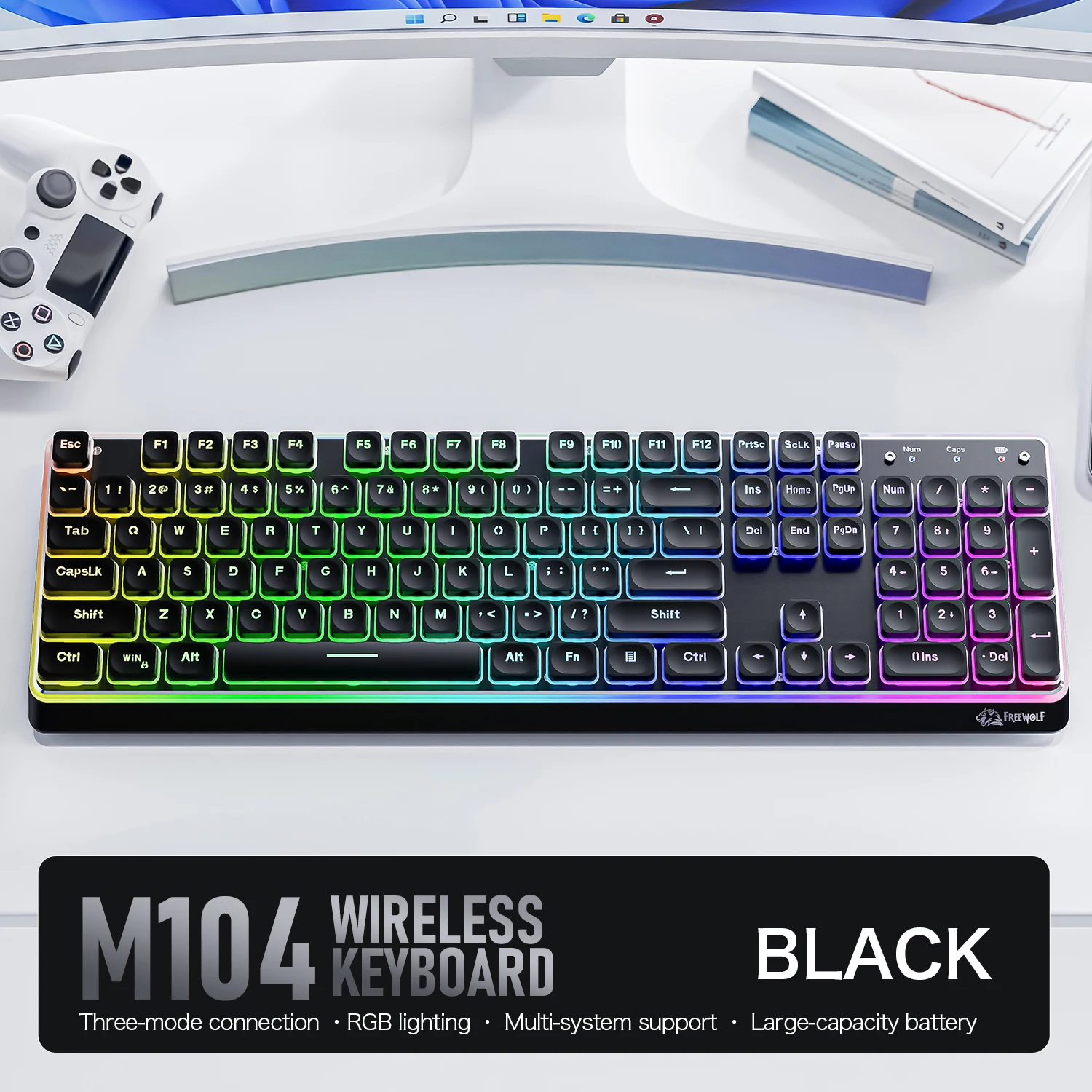 M104 RGB Tri-Mode Wireless Keyboard 4000mAh Large Battery 104-Key Ultra Slim Silent Membrane Windows Mac