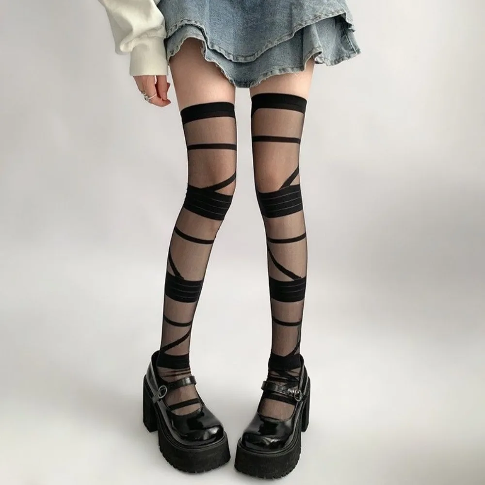 

Comfortable Nylon Transparent Stripe Stockings Lolita JK Style Ultra-thin High Tube Long Socks Pile Up Hosiery Breathable Girl