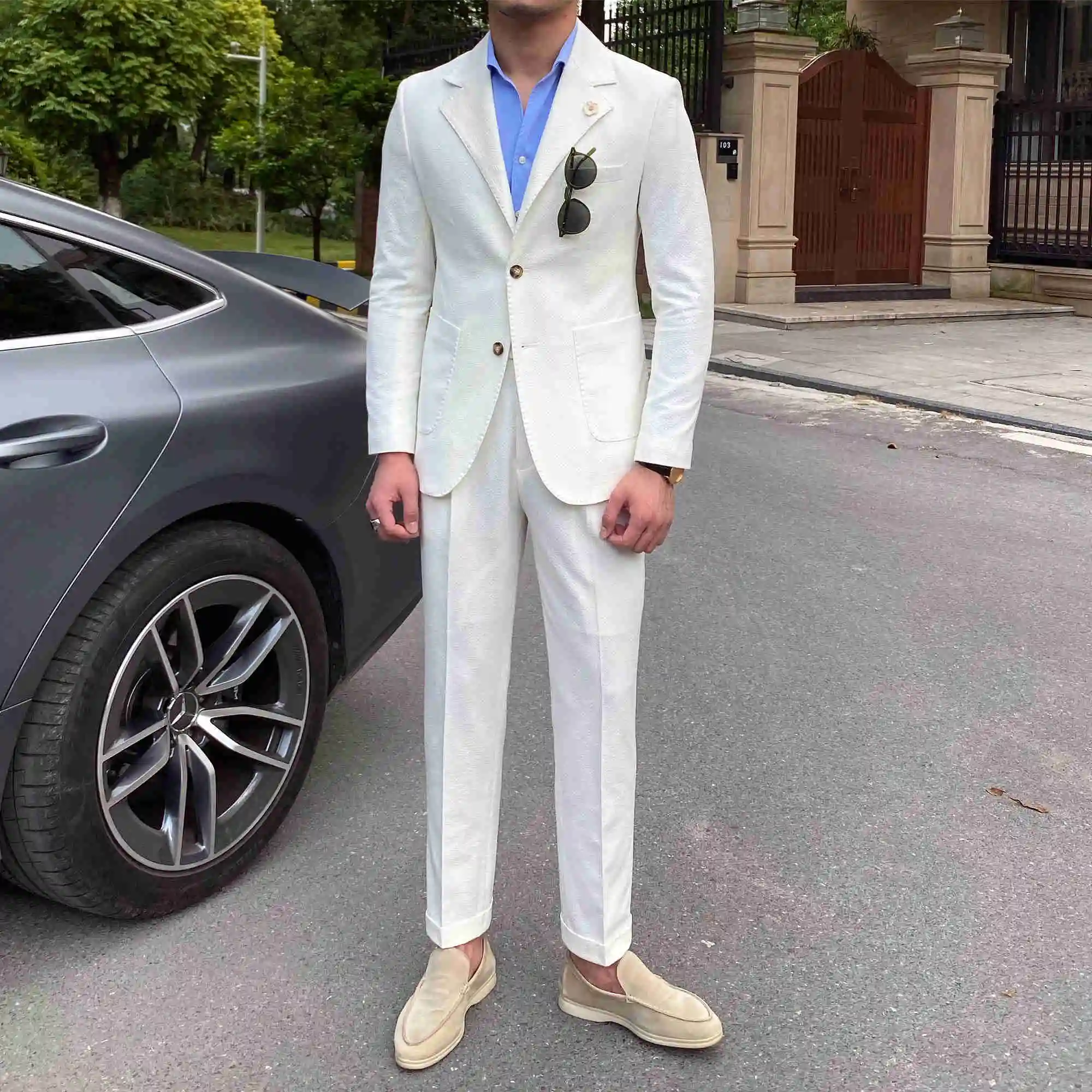 New Summer Seersucker Suit Men Italian Style British Slim Fit Casual White Suit Trendy Man Smoking Homme Mariage Men Tuxedo Suit