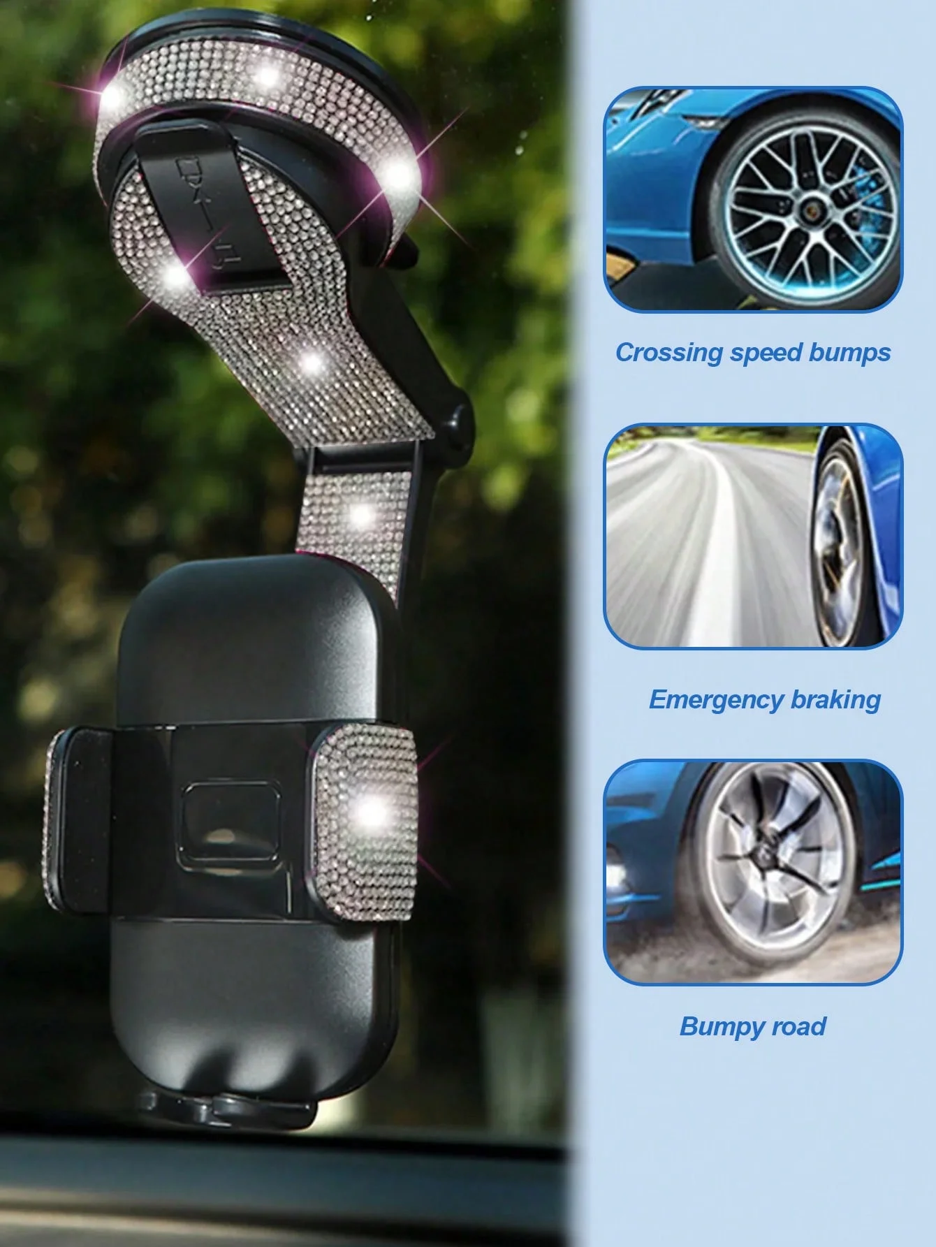 حامل هاتف السيارة مزين بالألماس - قاعدة شفط ميكانيكية مع 360 درجة ° دوران، ذراع قوي وقفل صامت، مناسب عالميًا #4