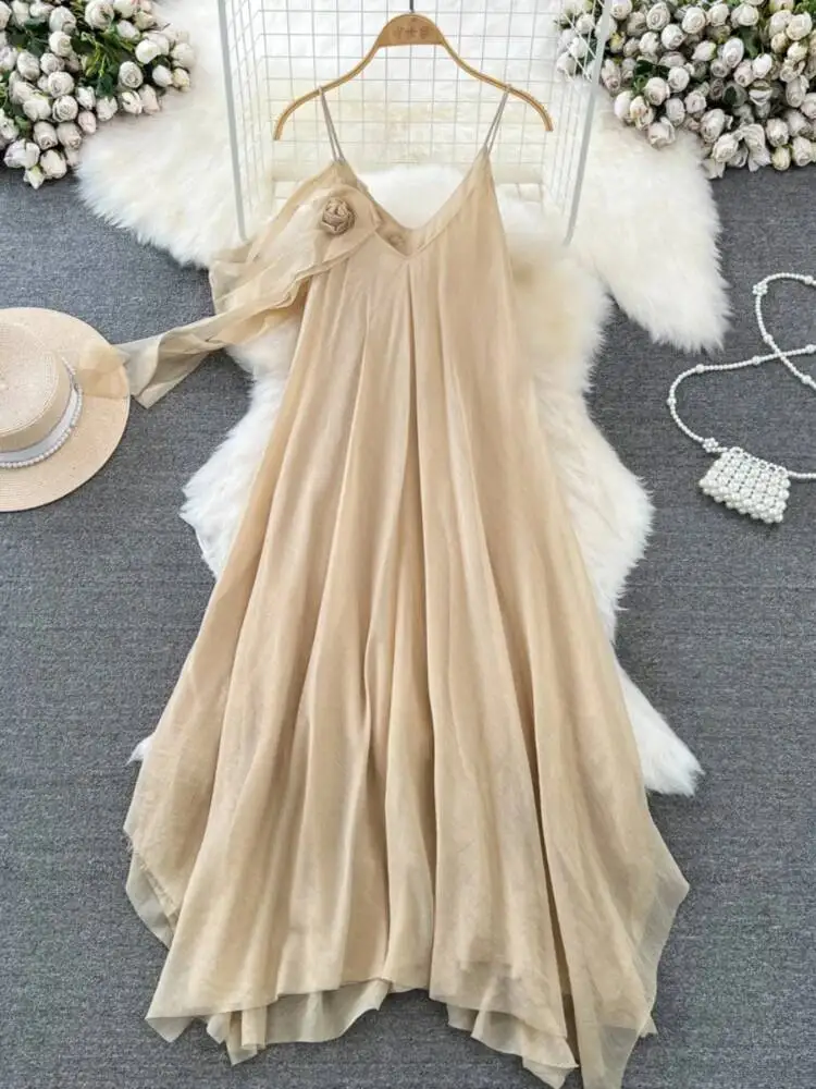 Letnia francuska sukienka plażowa damska elegancka z kwiatami 3D seksowna sukienka z dekoltem w serek długa sukienka damska dopasowana w kształcie litery A długa suknia na imprezę Vestidos