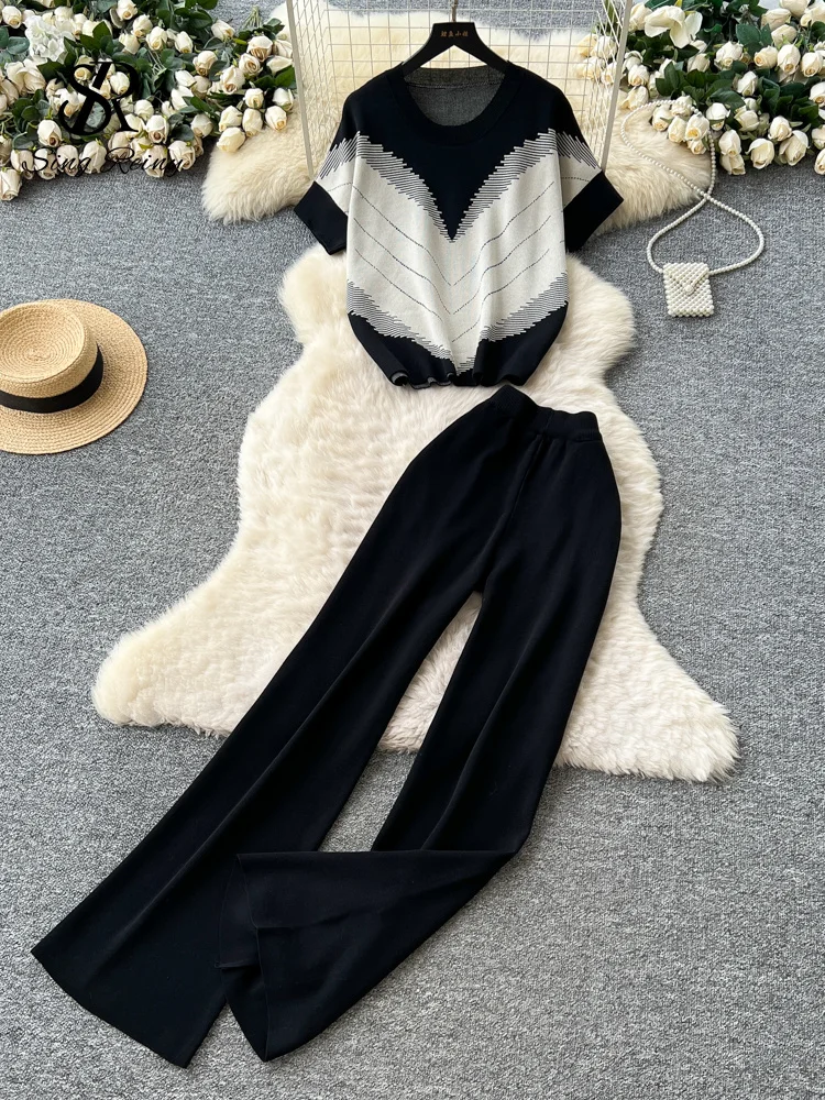 SINGREINY Geometric Print Loungewear Suits O Neck Short Sleeves Shirt+Wide Leg Pant Female Trendy Color Block Knitting Tracksuit - Image 2