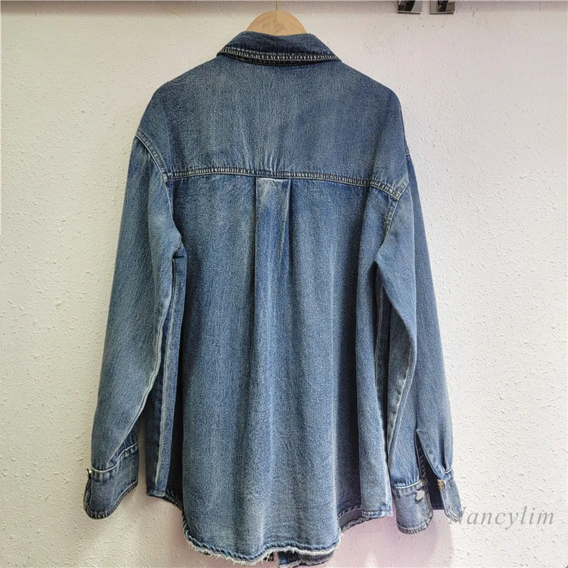 Europese Station Lente Denim Shirt Dames Nieuw Ontwerp Zware Industrie Diamant Kraal Liefde Revers Denim Jasje Losse Veelzijdige Shirts