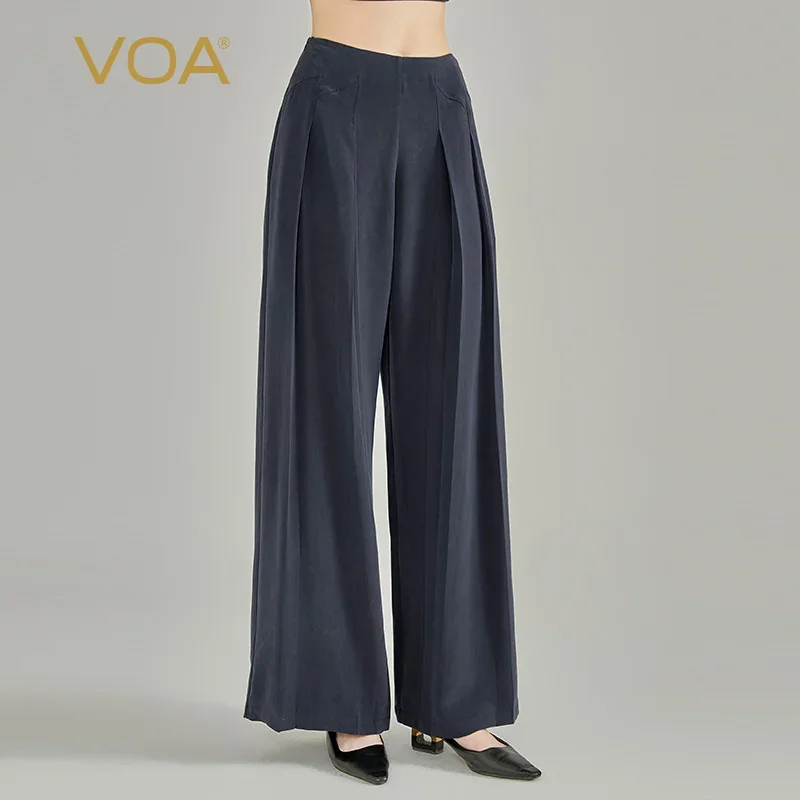 VOA Silk Heavyweight Sandwashed Natural Waist Culotte Side Pocket Yoke Pleated Navy Blue Smooth Silk Fashion Skirt Pants KE1009