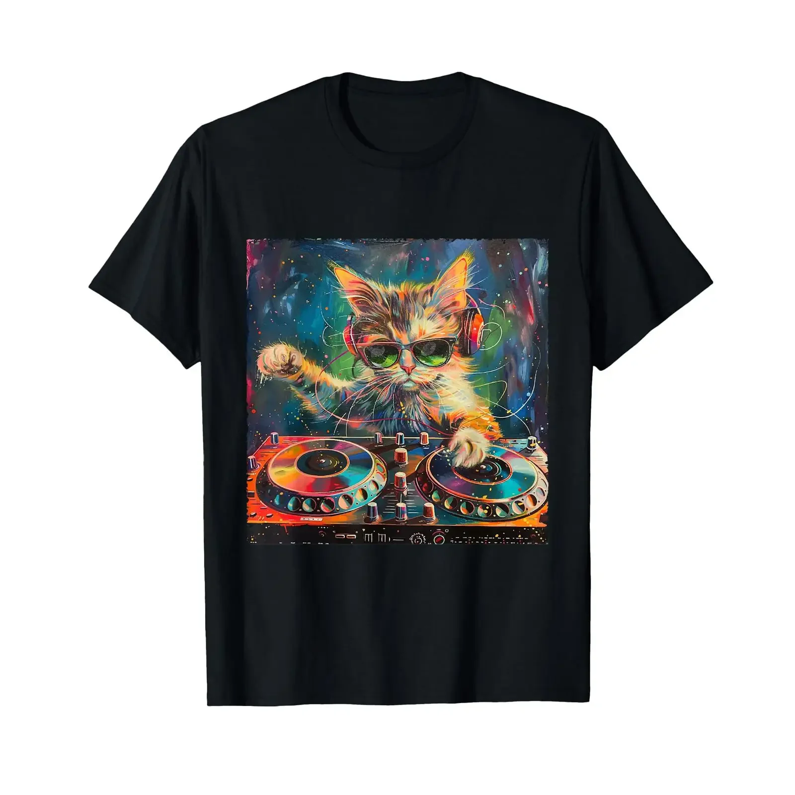 Cat DJ Musician Design Disco Cool T Shirt vintage Washed designer clothes streetwear Top For Everyday Wear Slightly Stylish