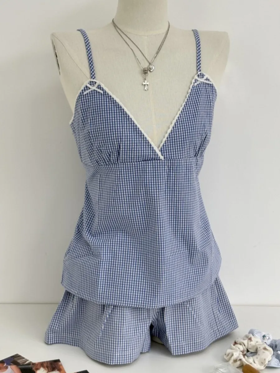 

Винтажные синие клетчатые шорты на бретелях, женская одежда со шнуровкой сзади и бантом, кружевная отделка, майка с v-образным вырезом + пуговицы, толстовки, милые домашние комплекты из 2 предметов