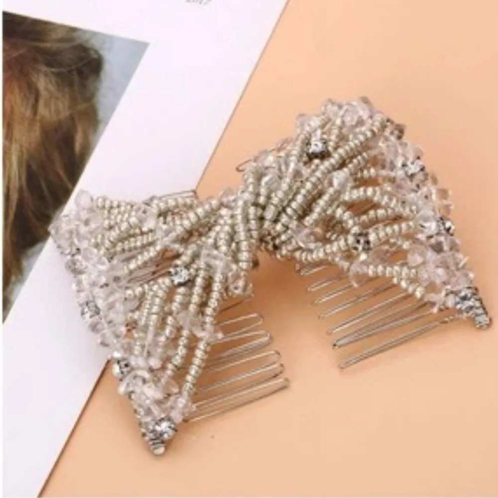 Elastic Newlywed Hairpin DIY Double Bead String Hairstyle Bands Braided Beads Style with Pearl-Like Hair Claw Hairpin