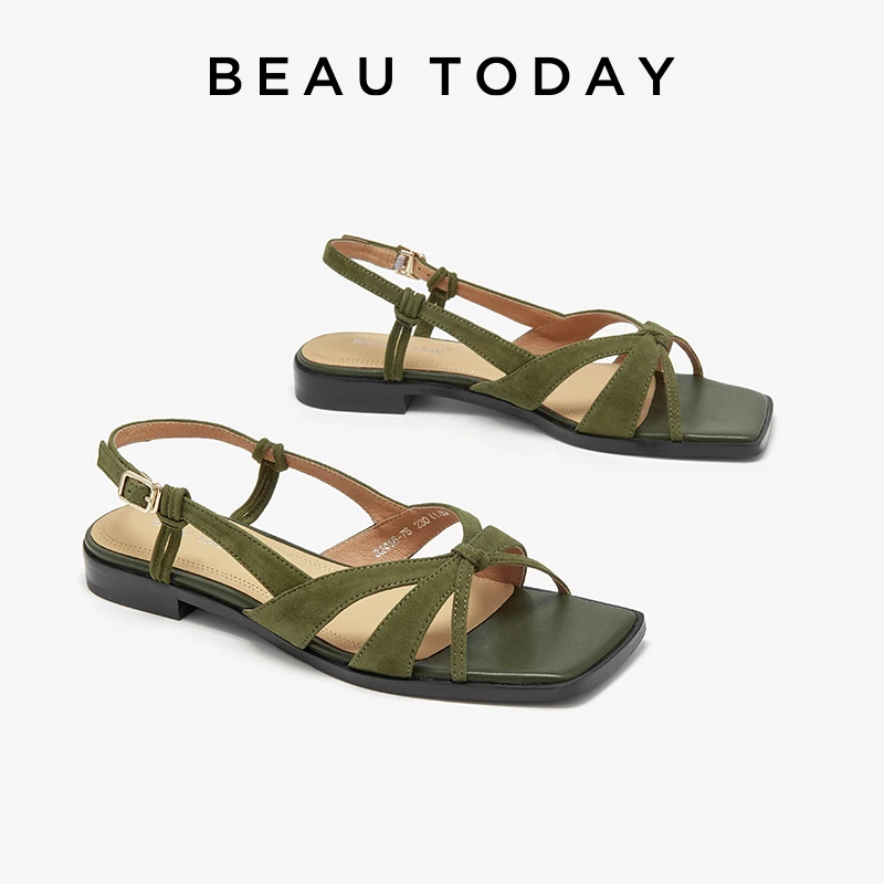 BEAUTODAY Narrow Band Sandals Women Sheep Suede Square Toe Buckle Strap Solid Color Elegant Summer Ladies Shoes Handmade 32416