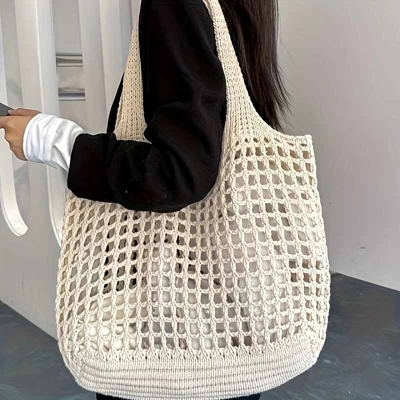 1pc Crochet Mesh Tote Bag, Breathable Hollow Knit Shoulder Bag, Large Woven Beach Bag, Casual Handbag for Vacation, Daily Use