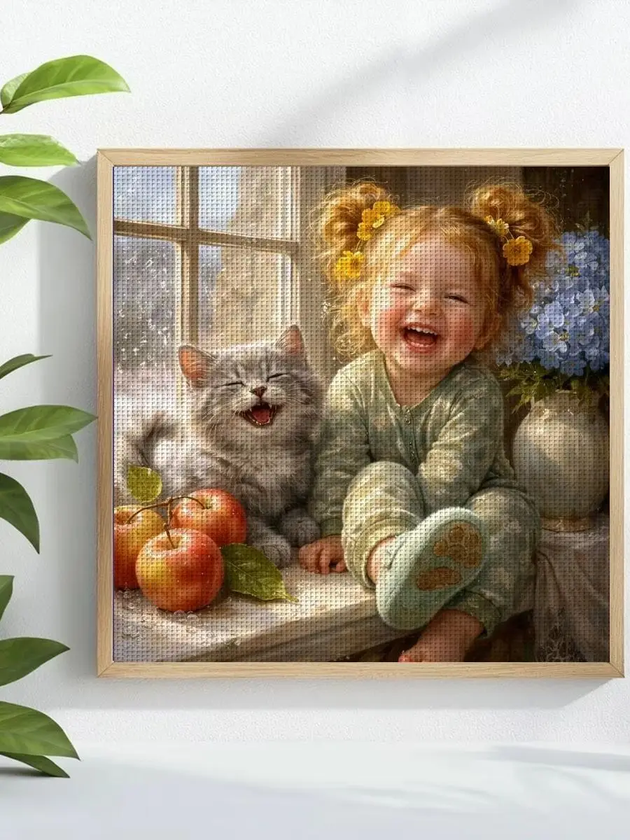 1 Stück 30x30 cm/11,8 Zoll "Glückliche Kindheit" gestempeltes Kreuzstich-Set DIY-Kit 11/14/16CT DIY-Stickset Kreuzstich-Set – Detail 1