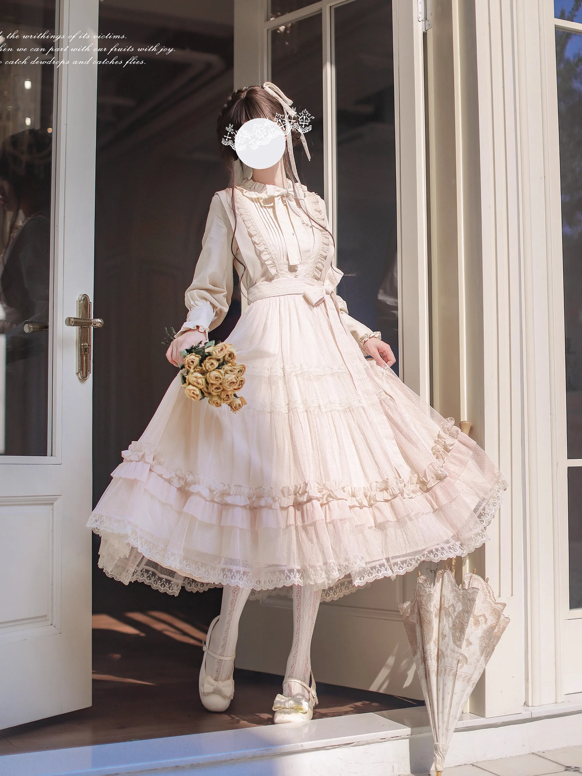 French Elegant Lolita Princess Tea Party Long Dress JSK Spring Autumn Women's High Waist Slim Lace Edge Sleeveless Dress Shirt