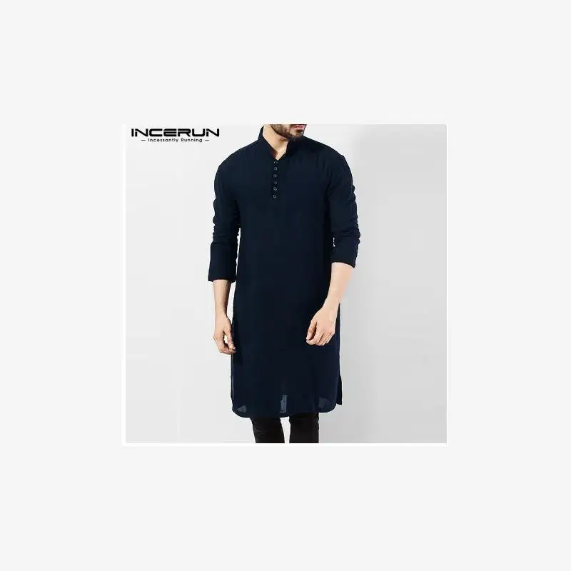 

Arabic Style Fashion Simple Long Men's Shirt Muslim Robe Standard Fit PU Leather Thickened Nine Sleeve Collar Citywalk