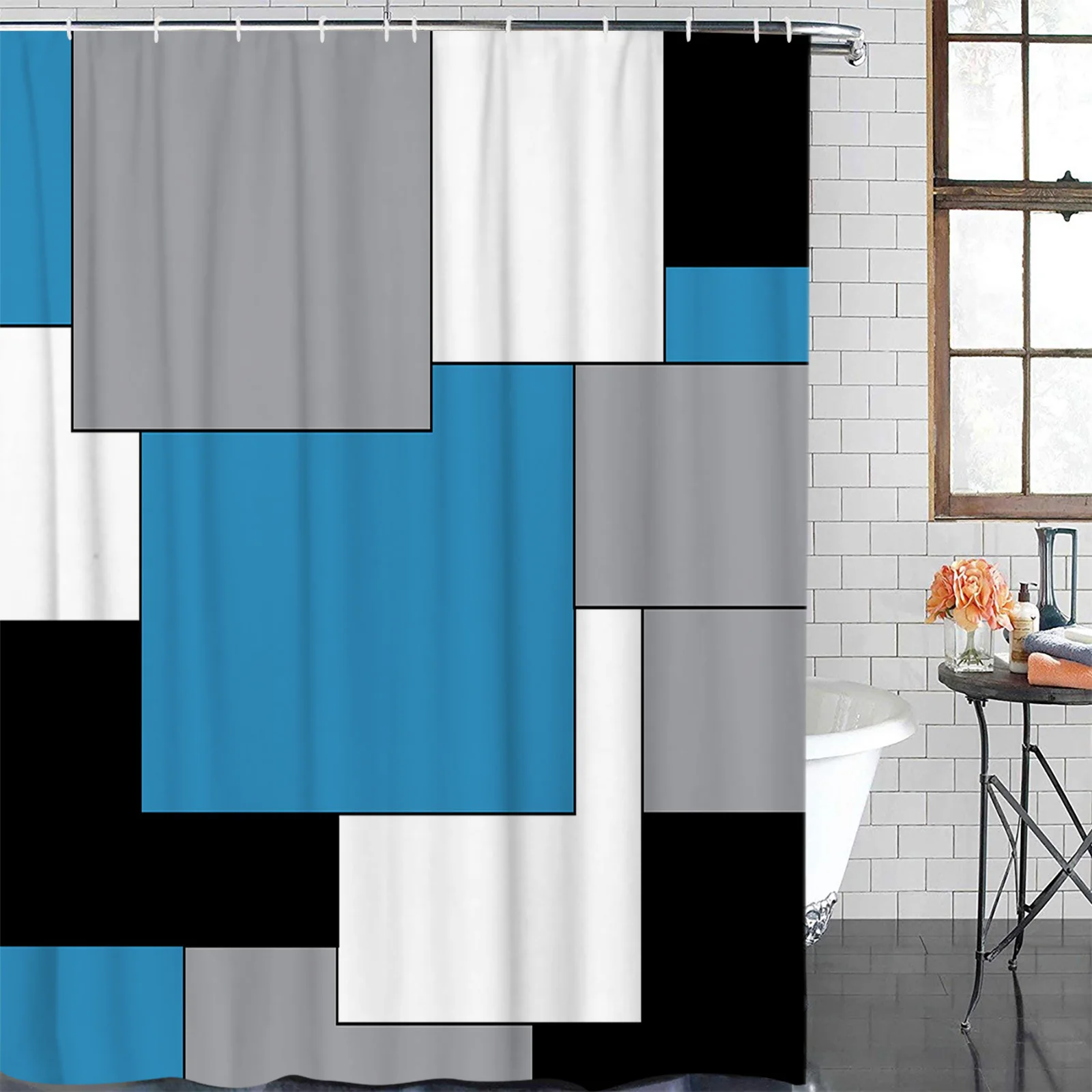 Blue Black Grey Patchwork Abstract Art Medieval Style Waterproof Shower Curtain Printed Bath Curtains Bathroom Decoration