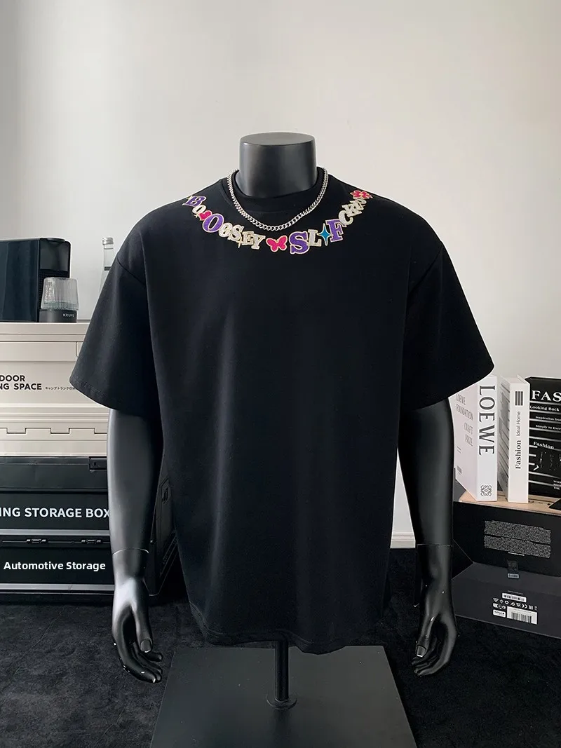 

Loose Fit Embroidered T-irt Men's Summer Heavyweight ort Sve Vintage Casual Versatile round Ne Body irt for Couples