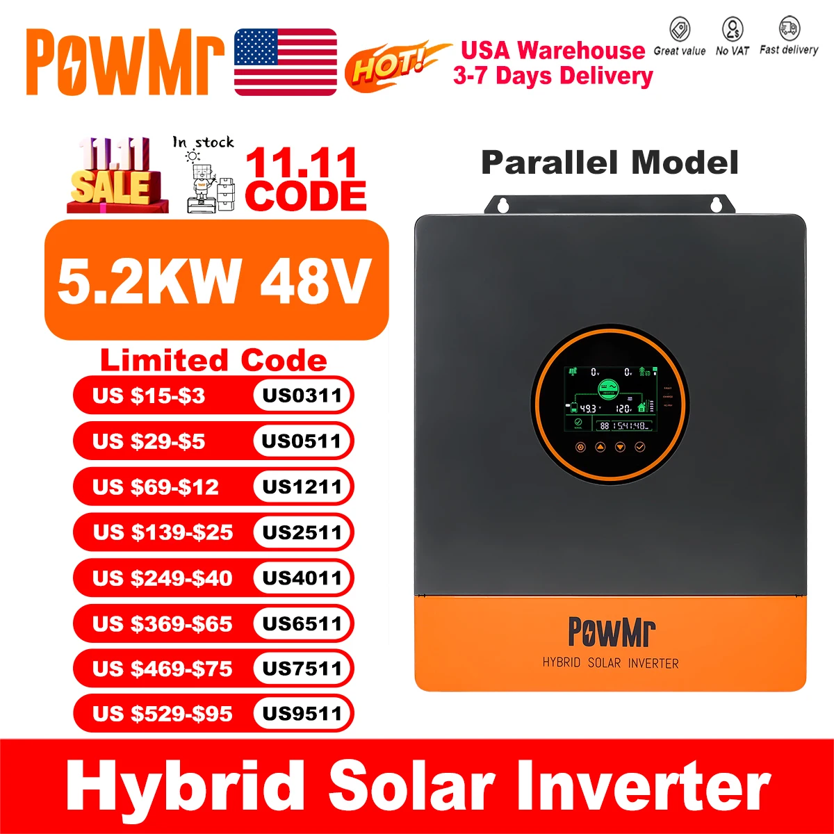 

PowMr США 5,2 кВт 48 В 110 В переменного тока Гибридный солнечный инвертор может разделенная фаза 220 В переменного тока при параллельной чистой синусоидальной волне MPPT 100 А PV 500 В постоянного тока