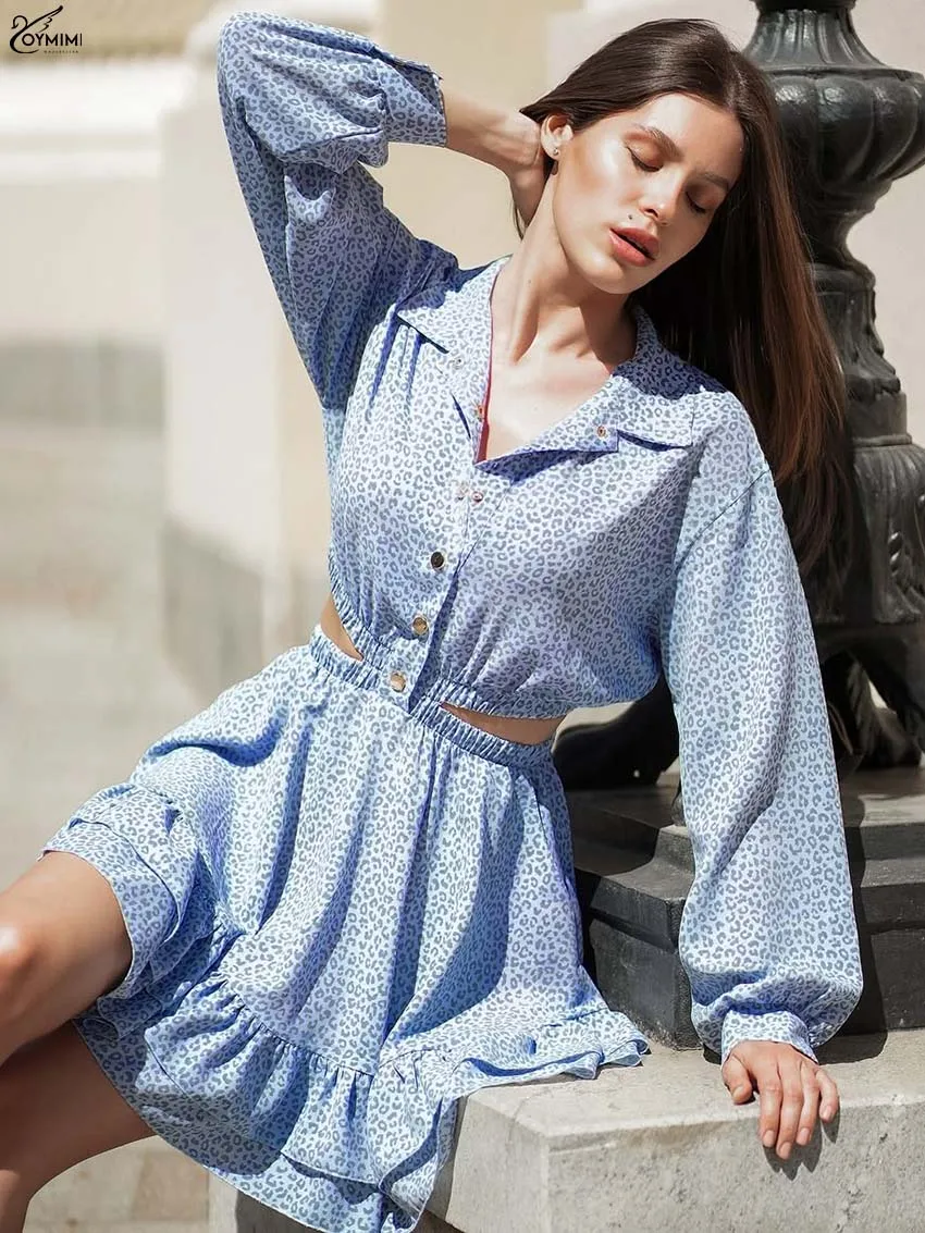 Oymimi Casual Grijs Blauw Print Jurken Voor Dames Mode Lange Mouw Buton Hollow Out Jurk Herfst Hoge Taille Geplooide Mini-jurk