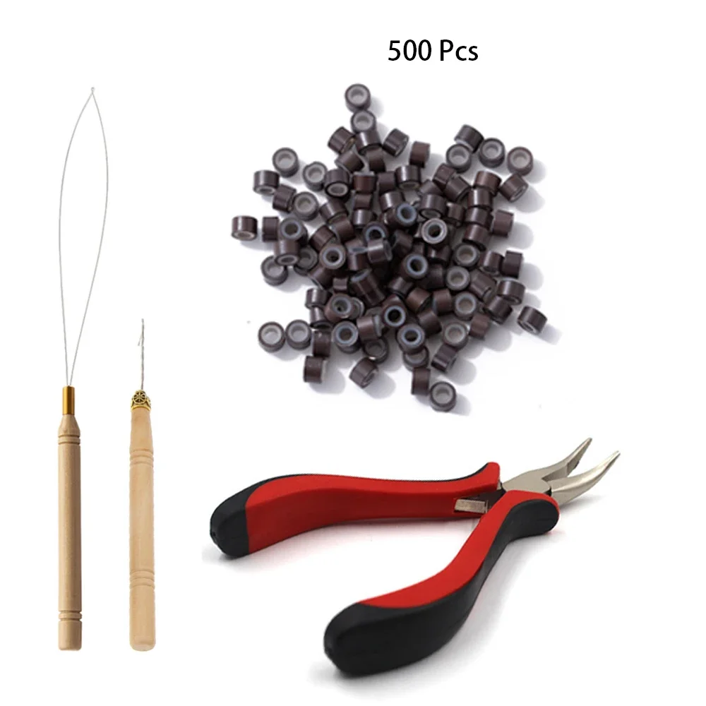 

Hair Extensions Beads Tools Kit Extensions Micro Pulling Needle, Loop Threader and 500 Pieces Silicone Lined Micro Rings