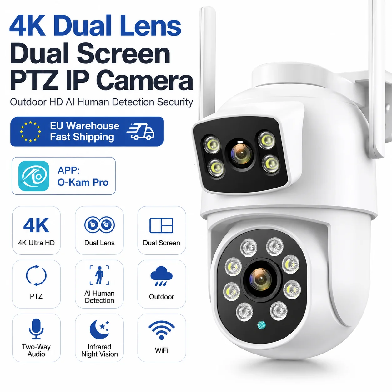 8MP 4K Dual-Objektiv Dual-Bildschirm PTZ IP-Kamera Outdoor WLAN-Sicherheitskamera KI-Menschenerkennung ONVIF RTSP NVR-Unterstützung O-Kam Pro