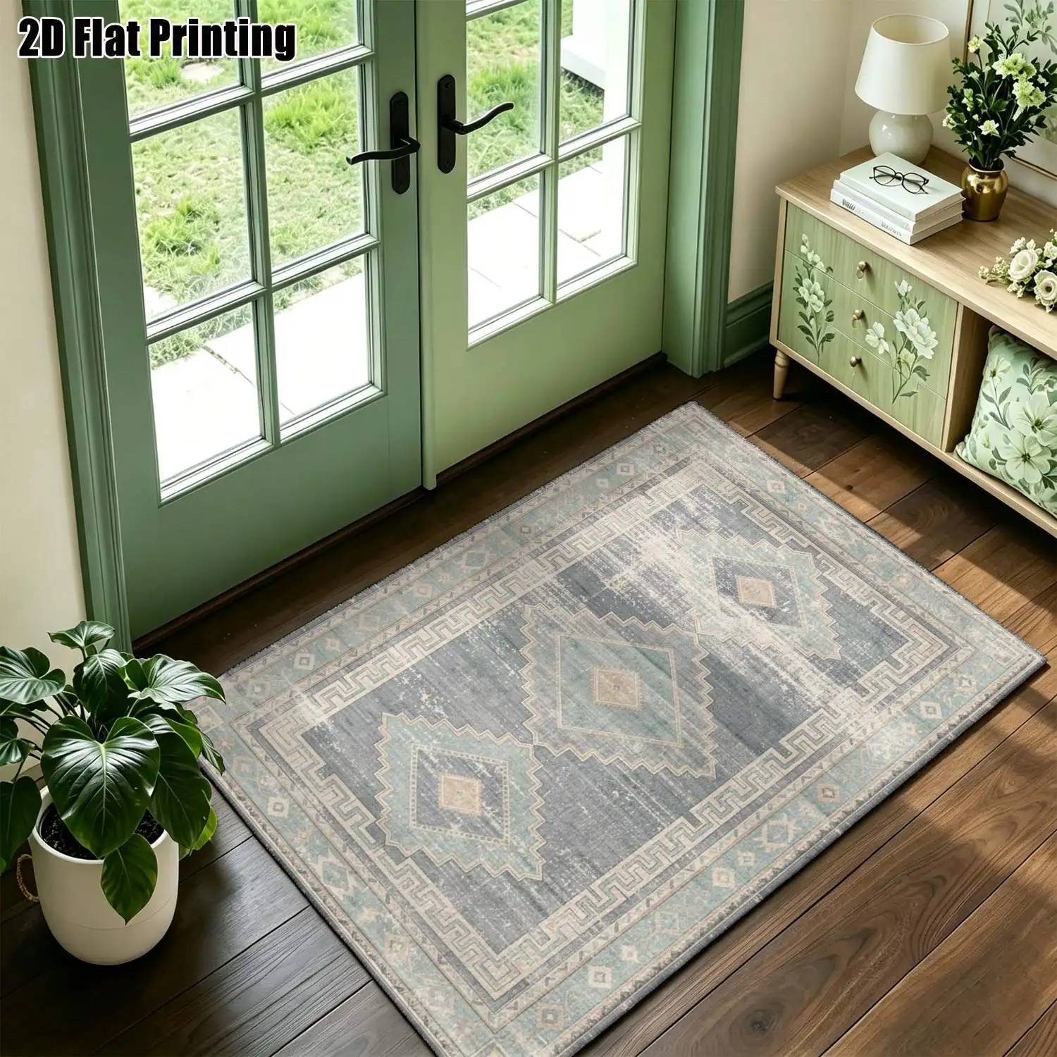 1Pc 2D Printed Blue-Grey Geometric Pattern Carpet: Retro, European-Style, Modern Minimalist, Geometric Striped Machine Washable, Multi-Size, Suitable for Home Decor Such as Living Room, Bedroom, Dining Room, Entryway, Study.