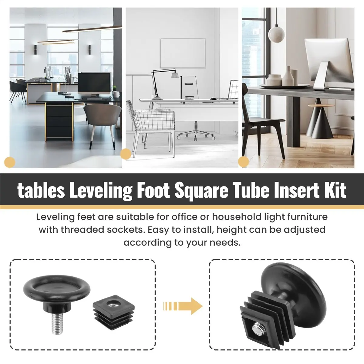 KSOL 10 Sets 45mm Base Dia Adjustable Leveling Foot 25mmx25mm Square Tube Insert Kit