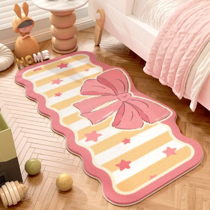 Ins Style Girl Fluffy Soft Carpet Bedroom Bedside Cartoon Cute Bow Carpets Girl Cloakroom Long Plush Living Room Large Area Rug