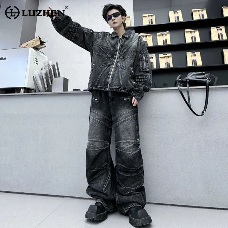 LUZHEN Star Pattern Design Trendy Washed Denim Jacket Streetwear Fashion Retro Straight Jeans Two Piece Sets Autumn Male LZ4995