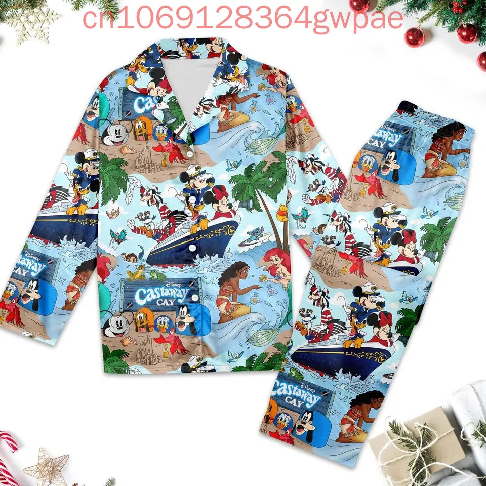 Conjunto de pijamas de crucero de Mickey Mouse de Disney con estampado 3d de dibujos animados de Navidad de Disney, conjunto de pijama informal de manga larga para hombre y mujer