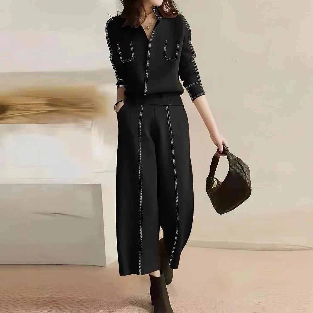 Autumn Color-Block Solid Long Pants Set Women's Casual 2-Piece