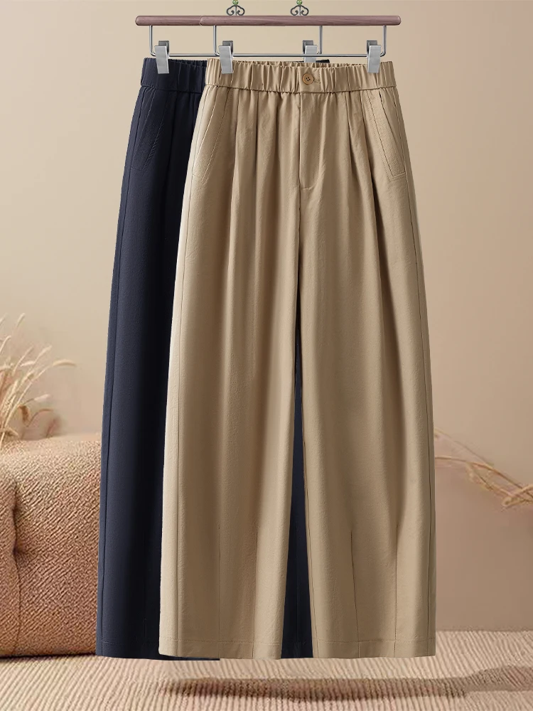 

Женские летние тонкие брюки-харланы с высокой талией из ледяного шелка, свободного кроя, в корейском стиле, новинка 2025 года, широкие штанины, эффект похудения