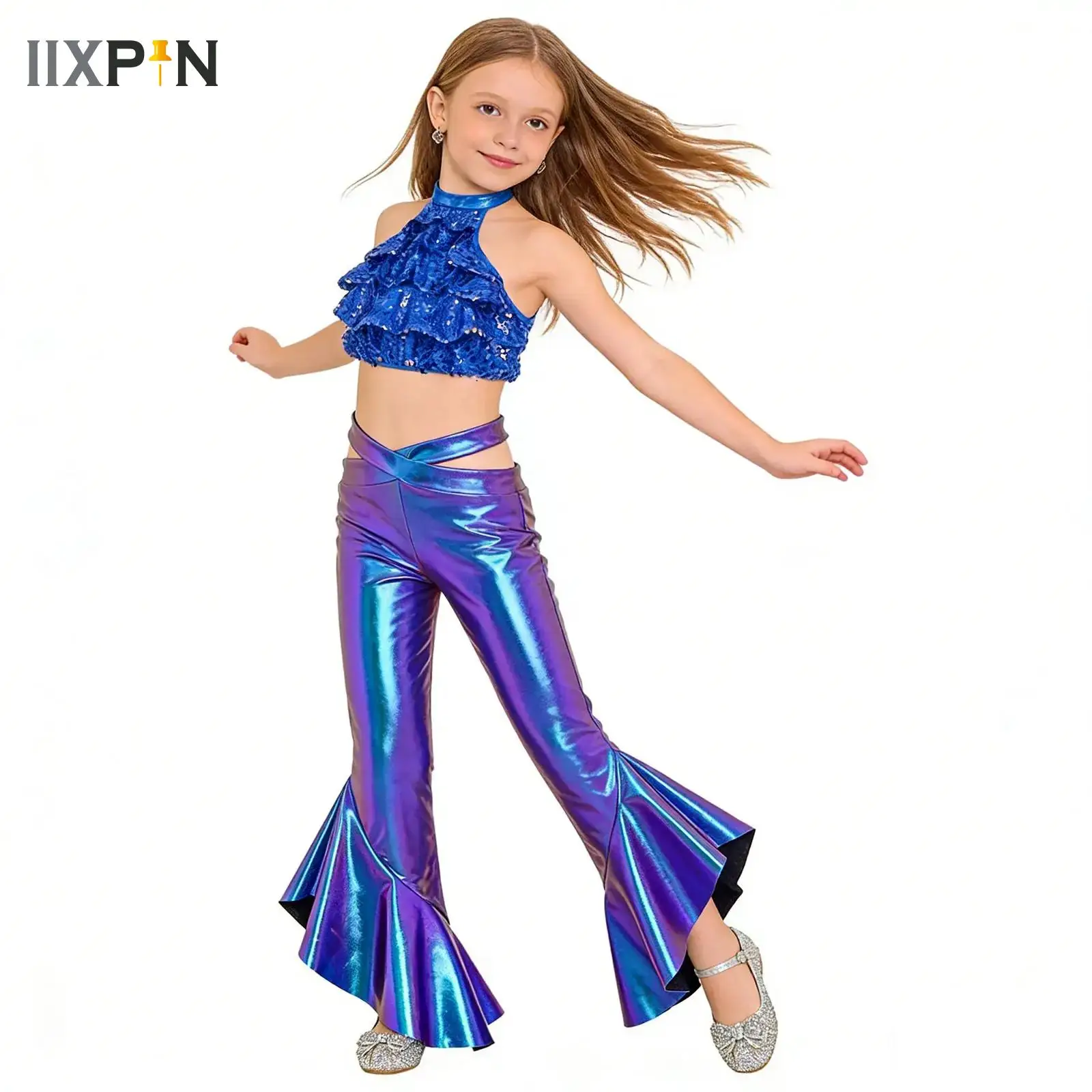

Kids Girls Modern Latin Jazz Dancing Practice Clothes Sequin Crop Top with Flared Pants Set Performance Competition Dancewear
