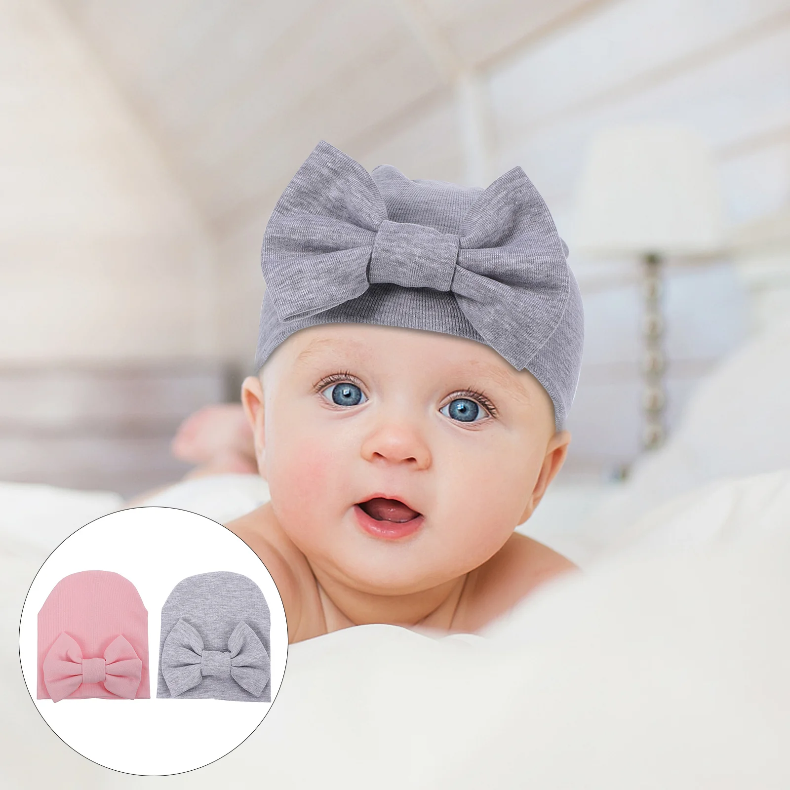 

2Pcs Baby Cotton Newborn Bowknot Hat Soft Breathable Infant Shower Gift Unisex Lovely Bow Cap Newborn Hat