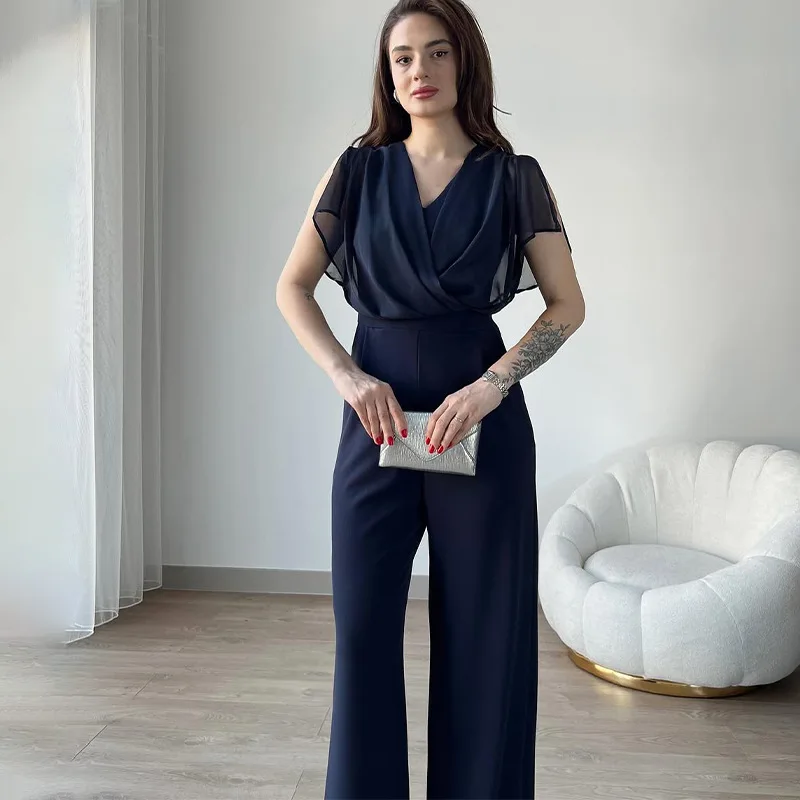 Jumpsuits Vrouwen Een Stuk Wijde Pijpen Broek V-hals Korte Mouwen Hoge Taille Stretch Broek Kantoor Dame 2025, Zomer Rompertjes