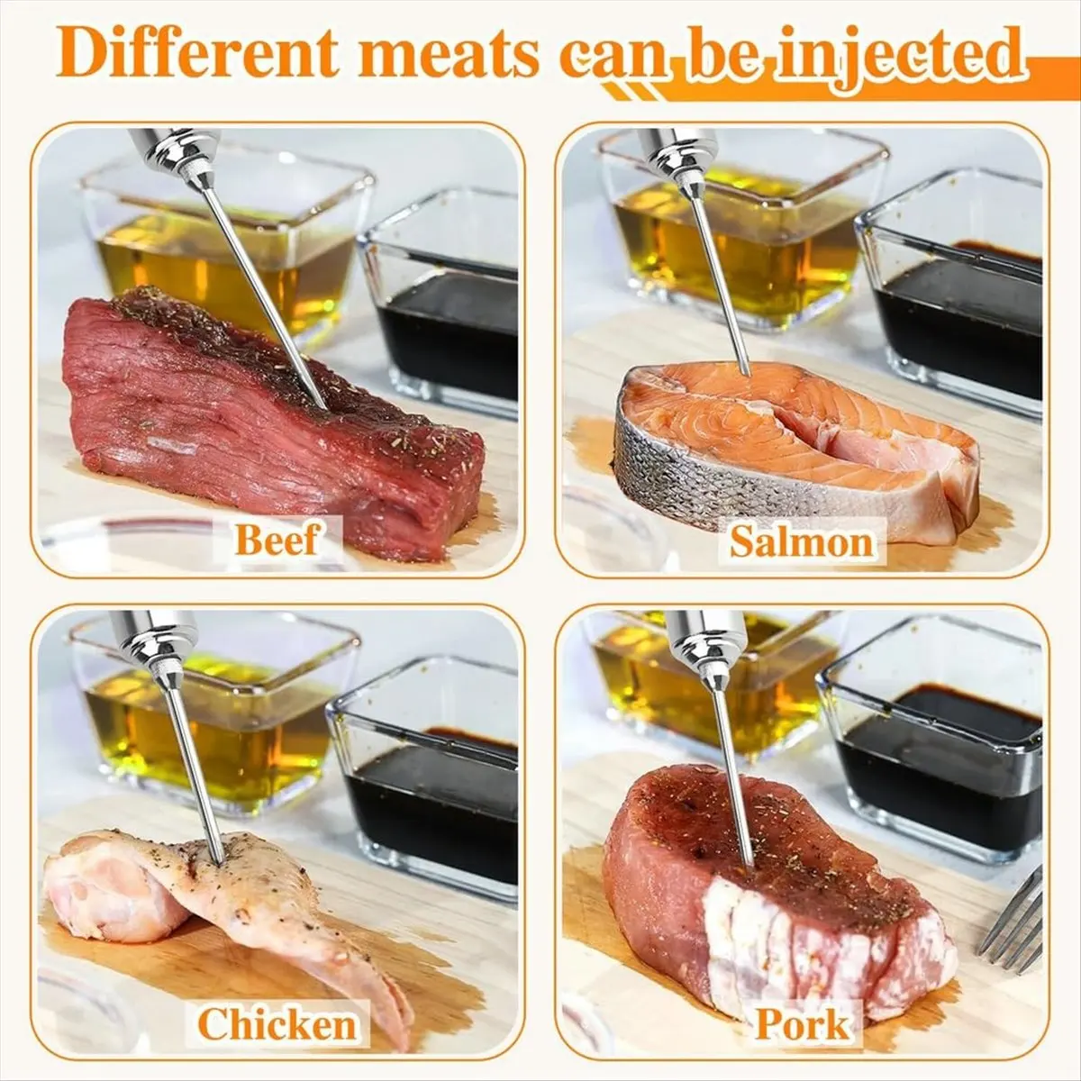 ABZT 304-Stainless Steel Meat Injector Syringe Kit with 3 Marinade Needles for BBQ Grill Smoker, Turkey, Beef, Brisket, Fish