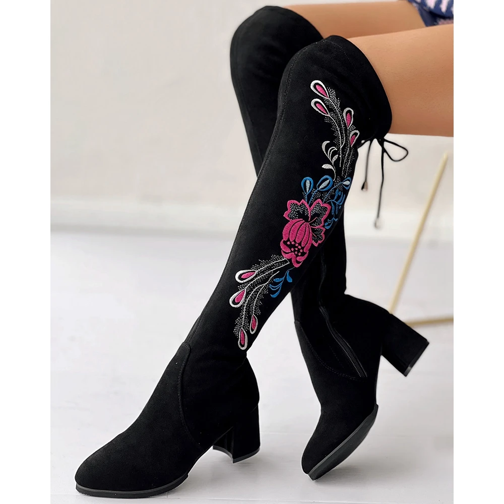 

Winter Women Flower Embroidery High Heel Evlvet Boot Zipper Side 2023 Femme Over-the-Knee Boots High Heel Shoes Suede High Boots