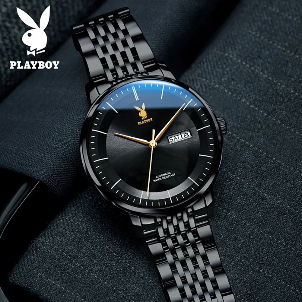 PLAYBOY Top Brand Luxury Mechanical Watch for Men Fashion Grey Dial Stainless Steel Waterproof Date Week Automatic Male Watches