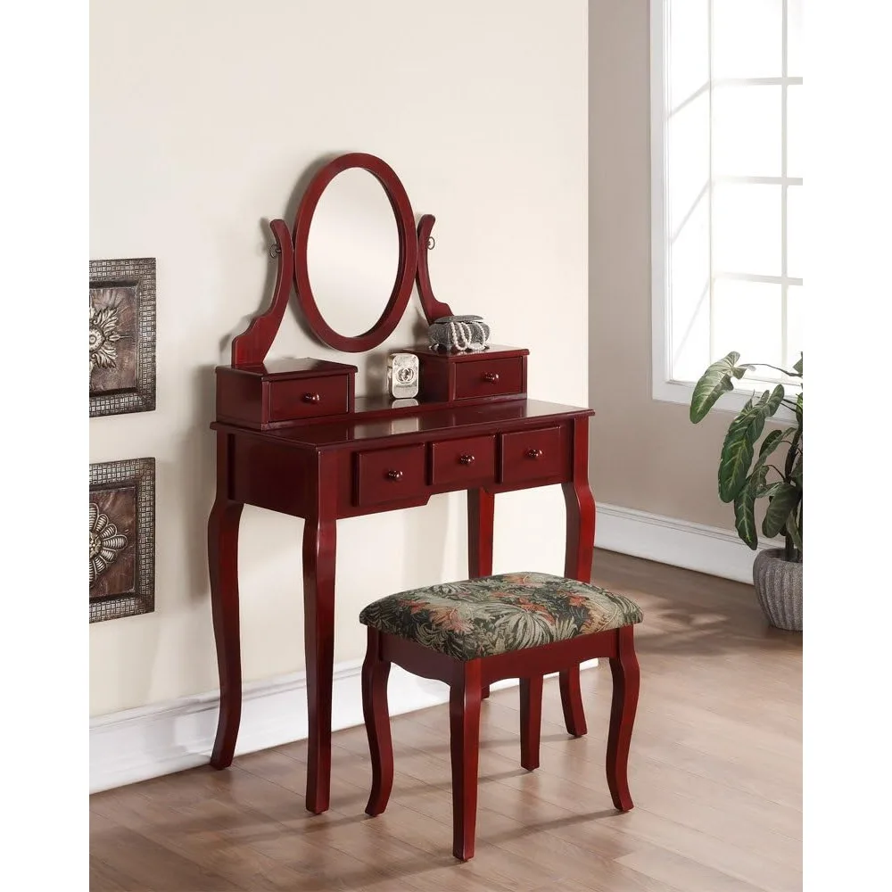 

Makeup Table and Stool Set, Adjustable Oval Wooden Frame with Mirror, Large Capacity Bedroom Furniture